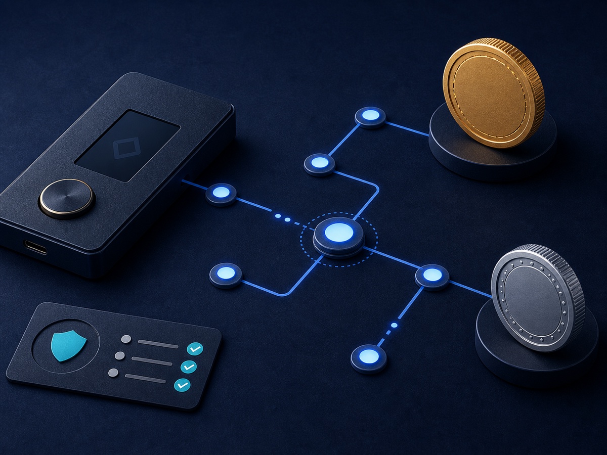 A hardware wallet, verification card and abstract blockchain network connected to coin tokens