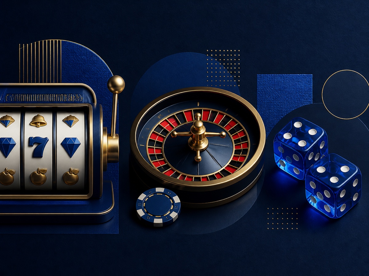 A slot machine, roulette wheel and translucent dice arranged on a navy editorial backdrop