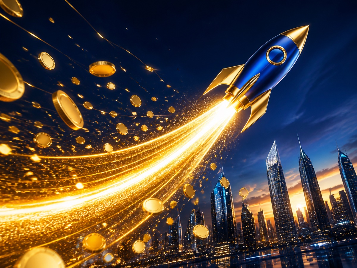 A blue and gold rocket climbing above a city