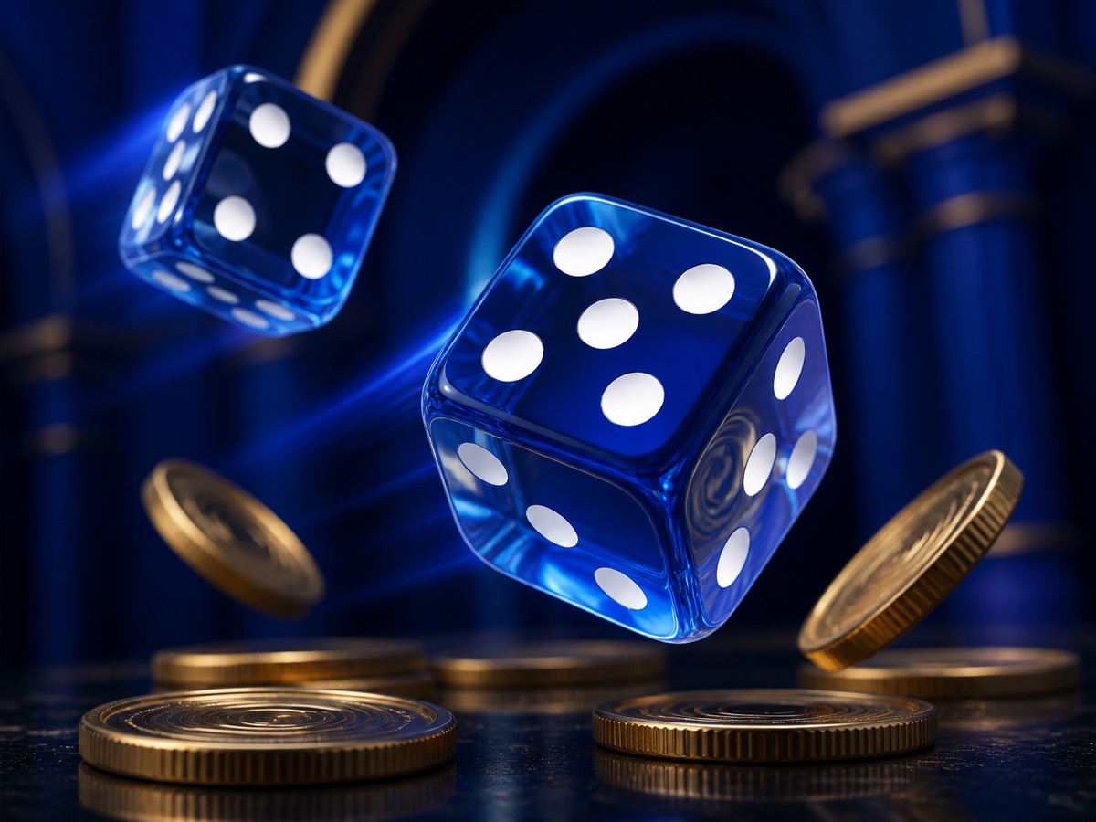 Two translucent blue dice suspended above gold coins
