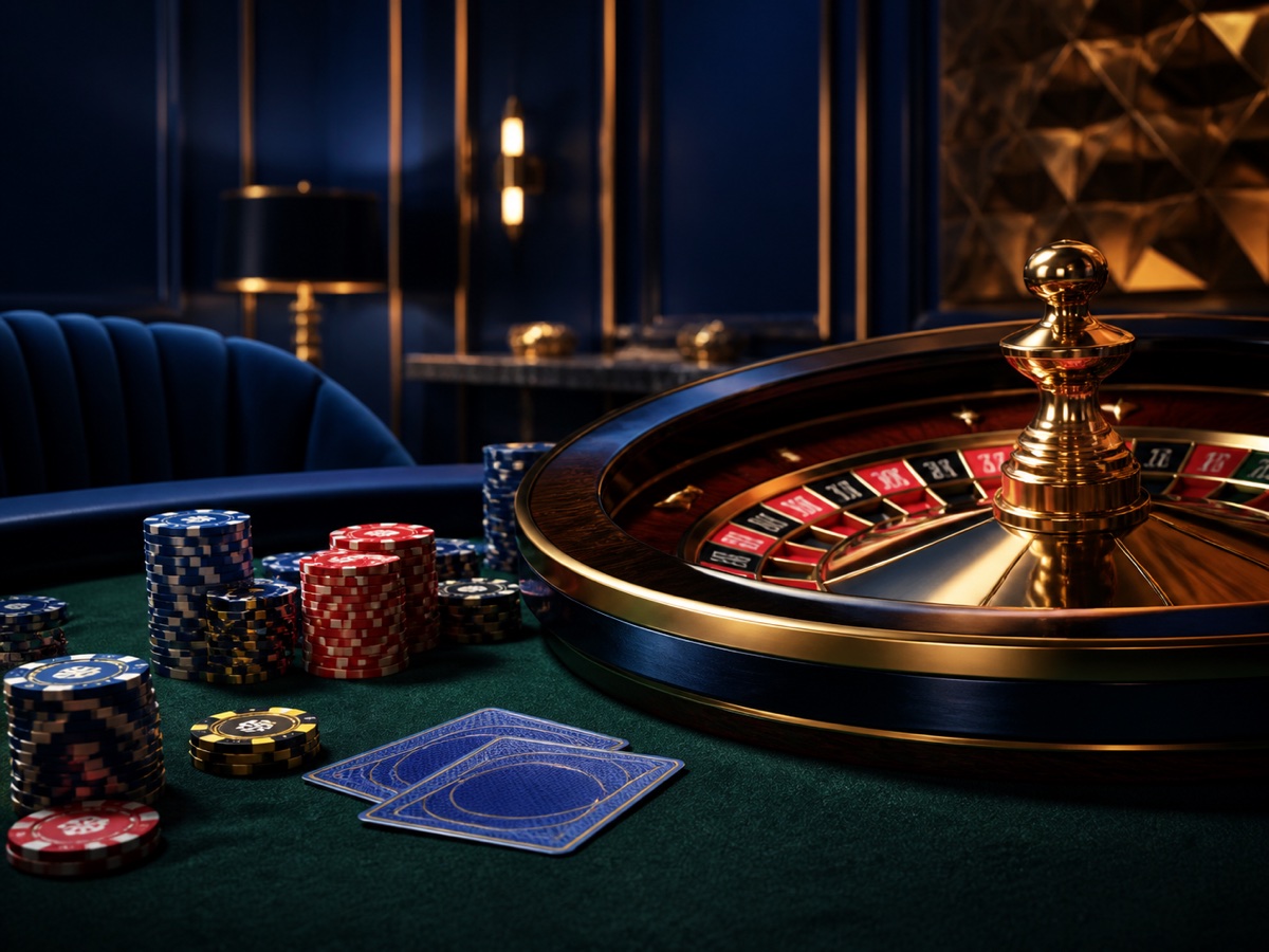 A roulette wheel and casino chips on a green table