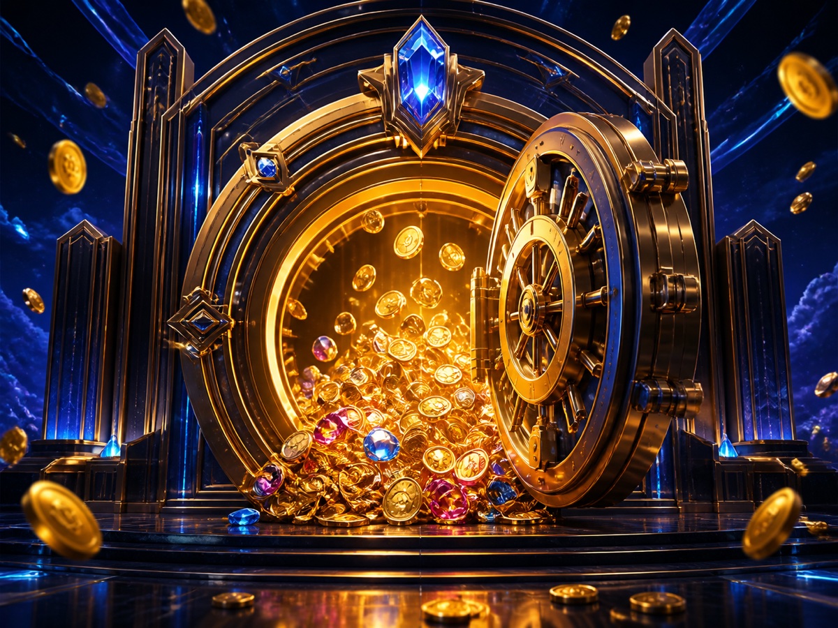 An illuminated art-deco vault filled with gold coins
